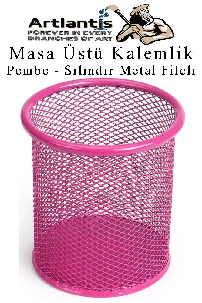 Silindir Masa Üstü Kalemlik 1 Adet Metal Fileli Renkli Perforeli Yuvarlak Kalemlik Ofis Büro Okul - Pembe