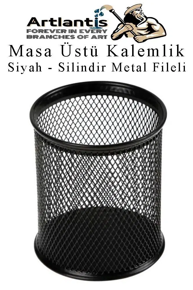 Silindir Masa Üstü Kalemlik 1 Adet Metal Fileli Renkli Perforeli Yuvarlak Kalemlik Ofis Büro Okul - Siyah