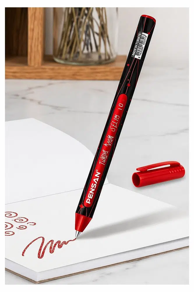 Simli Tükenmez Kalem 1 Adet Pensan Jely Simli Pilot Kalem Ergonomik Tutuş Yumuşak Yazım Siyah Defter Renkli Kalem - Kırmızı