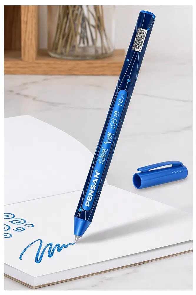 Simli Tükenmez Kalem 1 Adet Pensan Jely Simli Pilot Kalem Ergonomik Tutuş Yumuşak Yazım Siyah Defter Renkli Kalem - Mavi