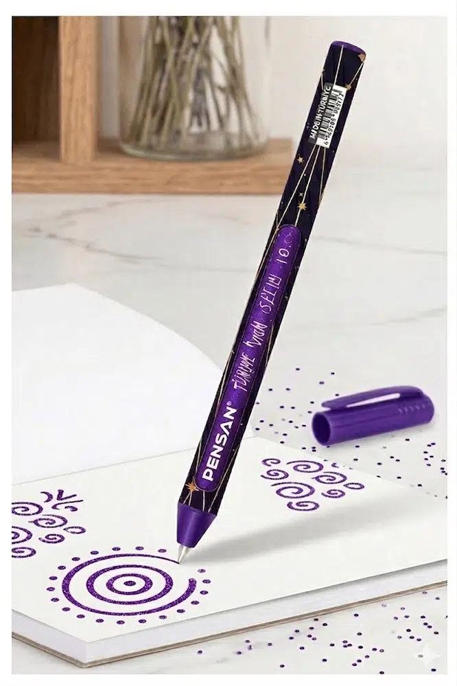 Simli Tükenmez Kalem 1 Adet Pensan Jely Simli Pilot Kalem Ergonomik Tutuş Yumuşak Yazım Siyah Defter Renkli Kalem - Mor