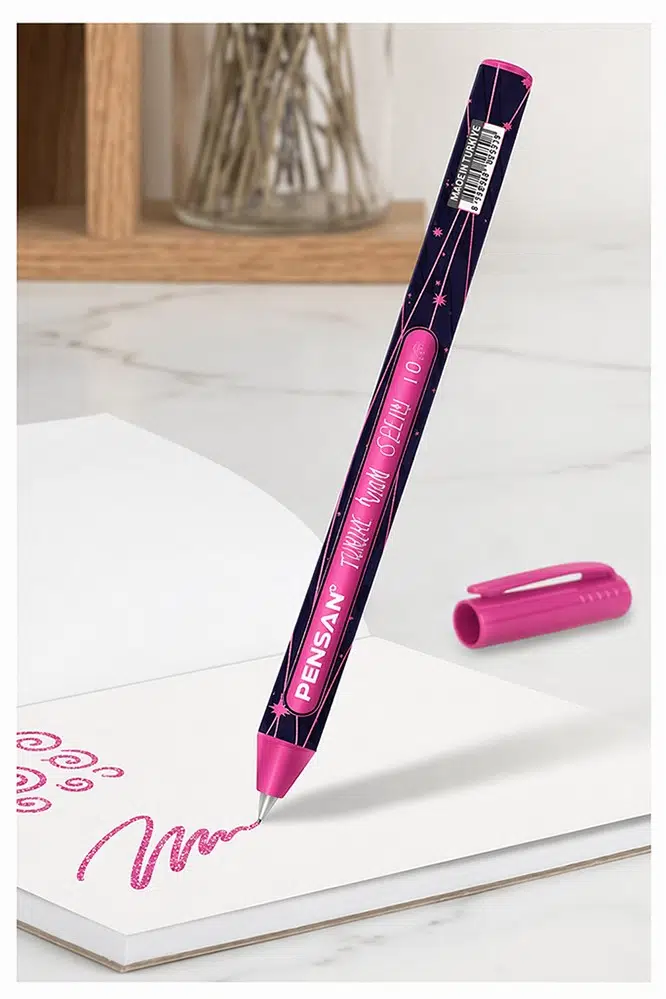 Simli Tükenmez Kalem 1 Adet Pensan Jely Simli Pilot Kalem Ergonomik Tutuş Yumuşak Yazım Siyah Defter Renkli Kalem - Pembe