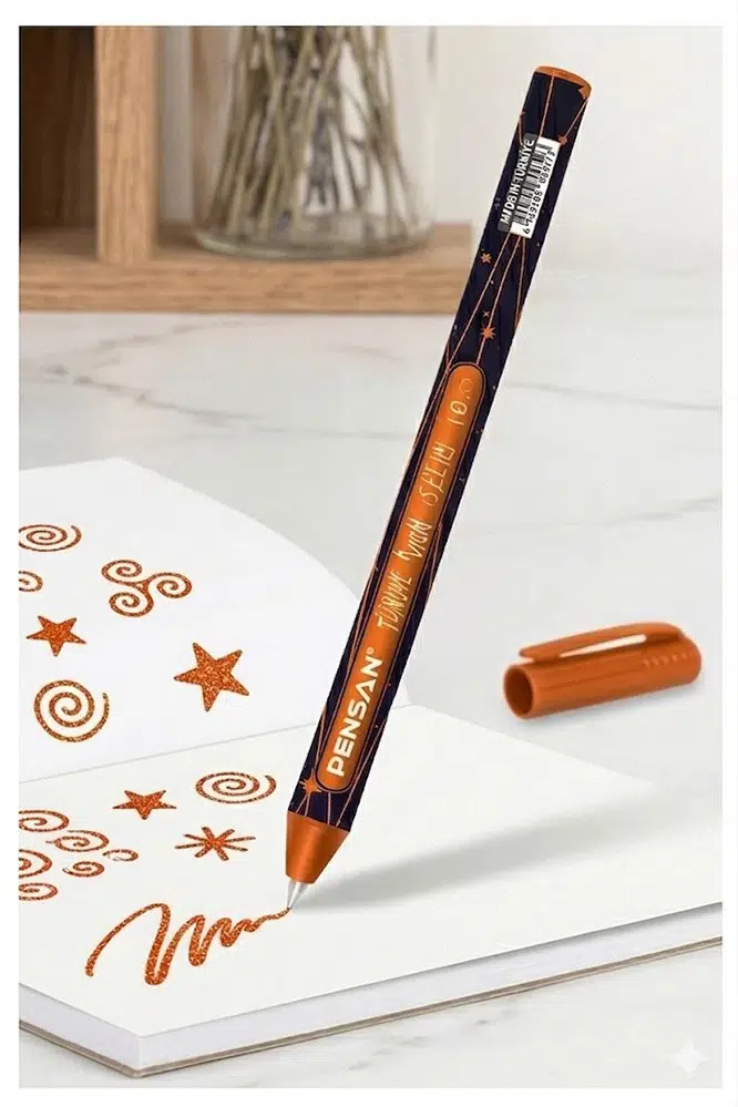 Simli Tükenmez Kalem 1 Adet Pensan Jely Simli Pilot Kalem Ergonomik Tutuş Yumuşak Yazım Siyah Defter Renkli Kalem - Turuncu