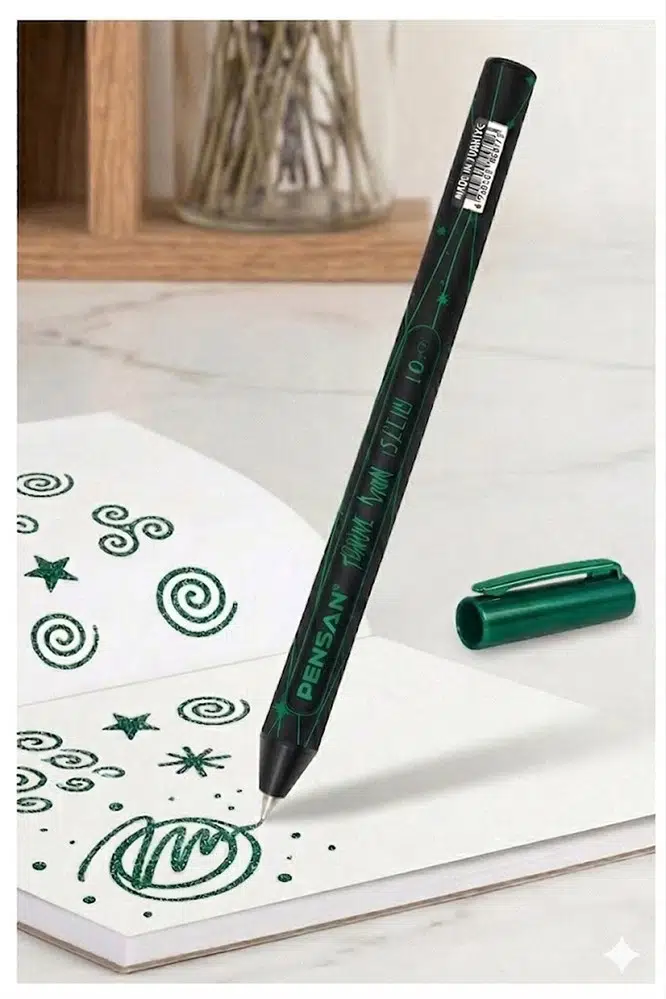 Simli Tükenmez Kalem 1 Adet Pensan Jely Simli Pilot Kalem Ergonomik Tutuş Yumuşak Yazım Siyah Defter Renkli Kalem - Yeşil