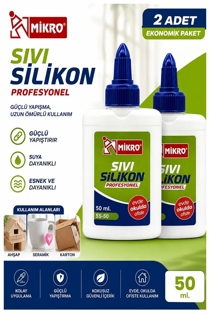 Sıvı Silikon Yapıştırıcı 50 ml 2 Adet Mikro Silikon Yapıştırıcı Sıvı 50 gr Plastik Cam Mermer Kağıt Karton Tahta Köpük