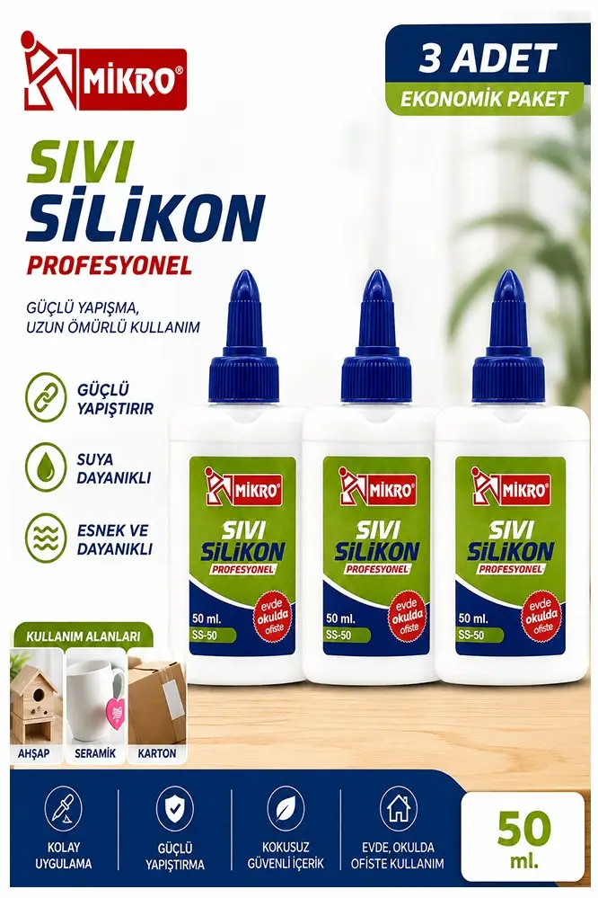 Sıvı Silikon Yapıştırıcı 50 ml 3 Adet Mikro Silikon Yapıştırıcı Sıvı 50 gr Plastik Cam Mermer Kağıt Karton Tahta Köpük