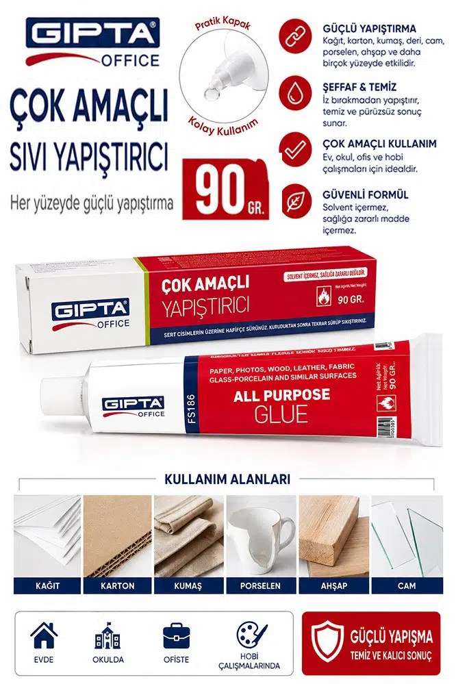 Sıvı Yapıştırıcı 90 Gr Tüp Gıpta Çok Amaçlı Kuvvetli Yapıştırıcı 1 Adet Okul Büro Yapıştırıcısı Kağıt Karton