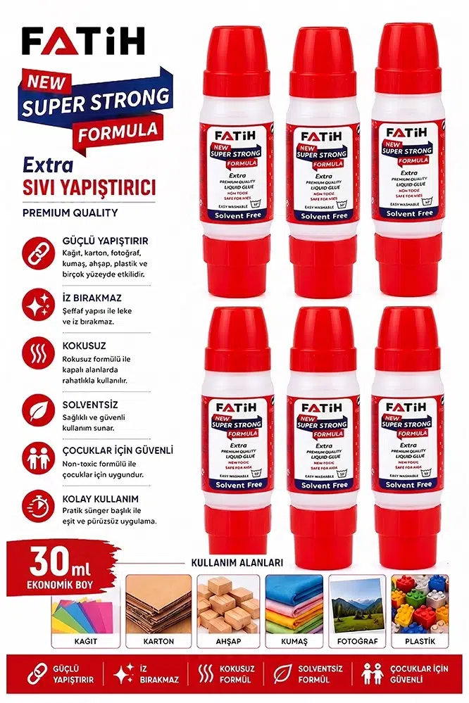 Sıvı Yapıştırıcı Çift Uçlu Şeffaf 30ml 6 Adet Fatih Çift Taraflı Uhu Kağıt Karton Yapıştırıcısı Okul Büro Ofis