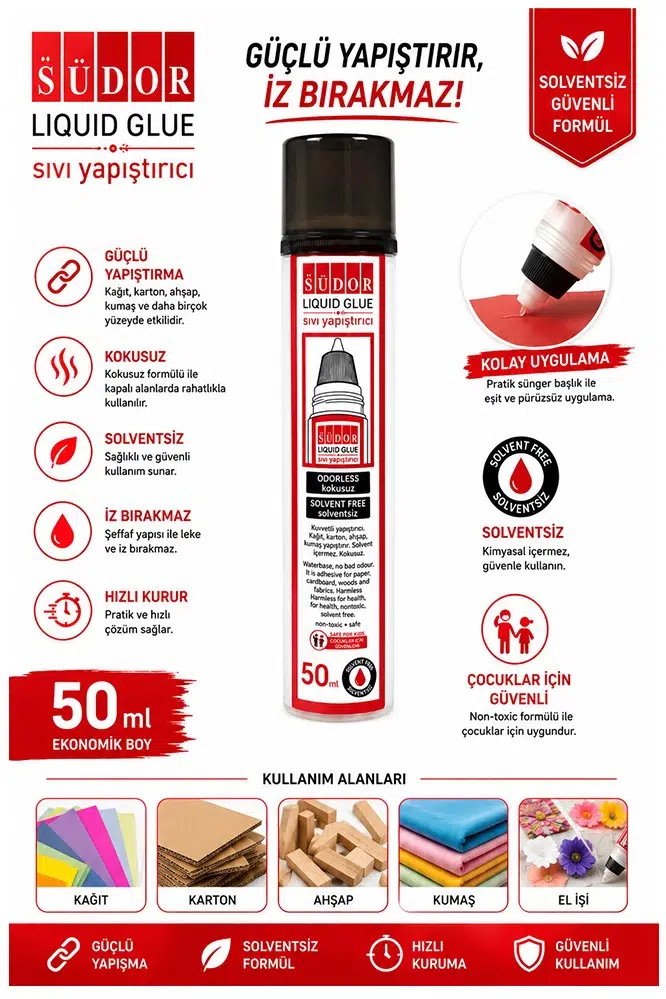 Sıvı Yapıştırıcı Şeffaf 50ml 1 Adet Südor Plastik Tüpte Sıvı Uhu Kağıt Karton Yapıştırıcısı Zararsız Okul Büro Ofis