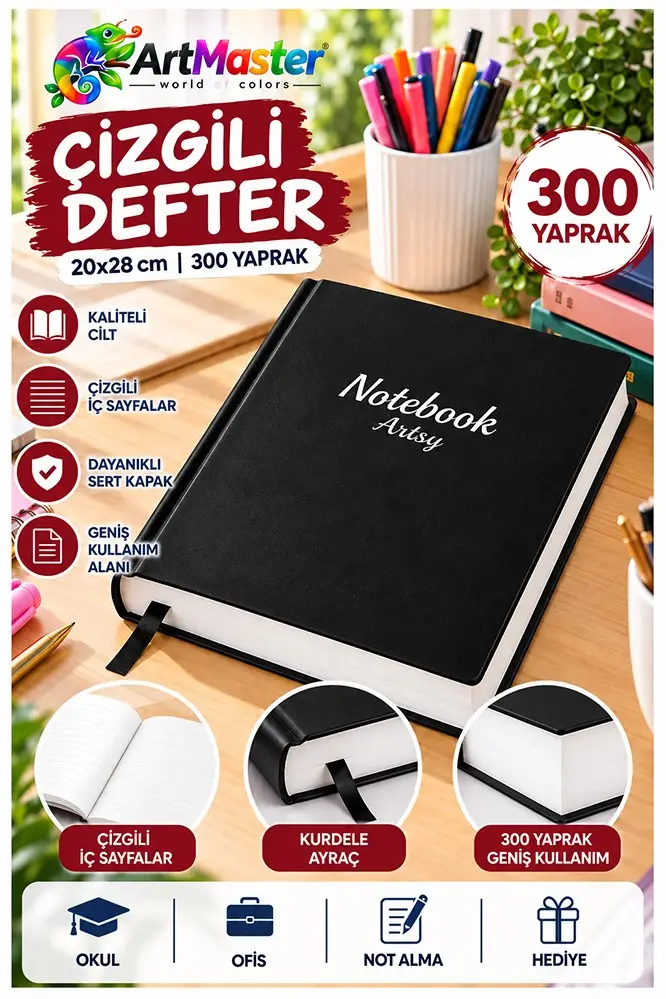 Siyah Ciltli Çizgili Defter 300 Yaprak 20x28cm 1 Adet Çok Yapraklı Sert Kapaklı Not Hesap Defteri Okul Ofis Büro