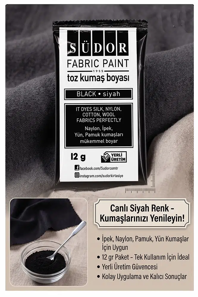 Siyah Kumaş Boyası Toz 12 gr 1 Adet Südor Toz Kumaş Boyası Kot Pantalon Gömlek Tişört Tekstil Kumaş Boyası 1 Adet