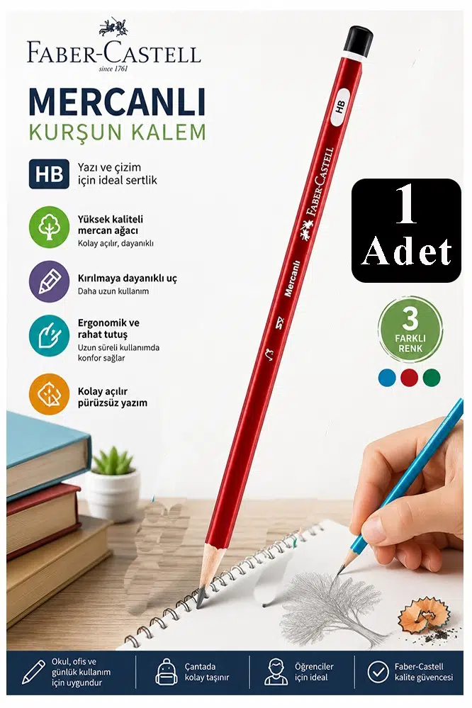 Siyah Kurşun Kalem Mercanlı 1 Adet Faber Castell Mercanlı Kurşun Tahta Kalem HB Orta Dereceli Öğrenci Kalemi Okul
