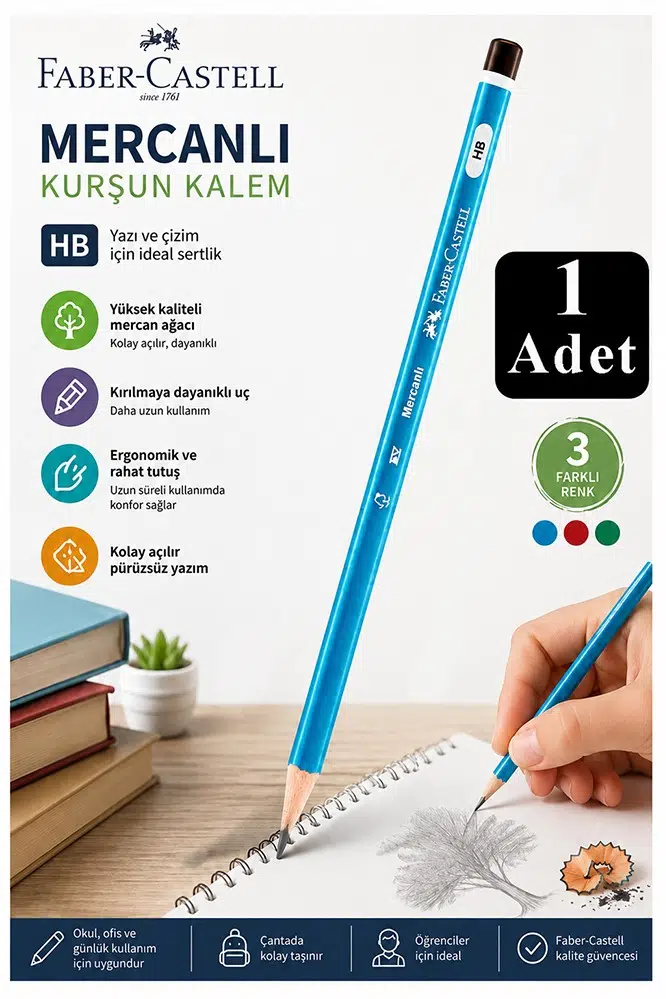 Siyah Kurşun Kalem Mercanlı 1 Adet Faber Castell Mercanlı Kurşun Tahta Kalem HB Orta Dereceli Öğrenci Kalemi Okul - Mavi