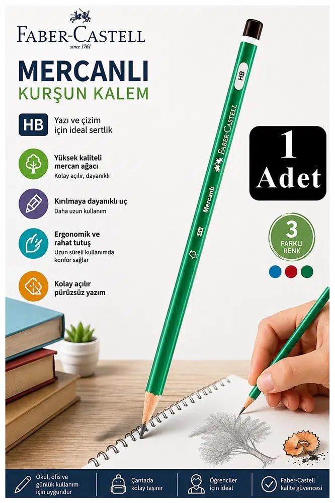 Siyah Kurşun Kalem Mercanlı 1 Adet Faber Castell Mercanlı Kurşun Tahta Kalem HB Orta Dereceli Öğrenci Kalemi Okul - Yeşil