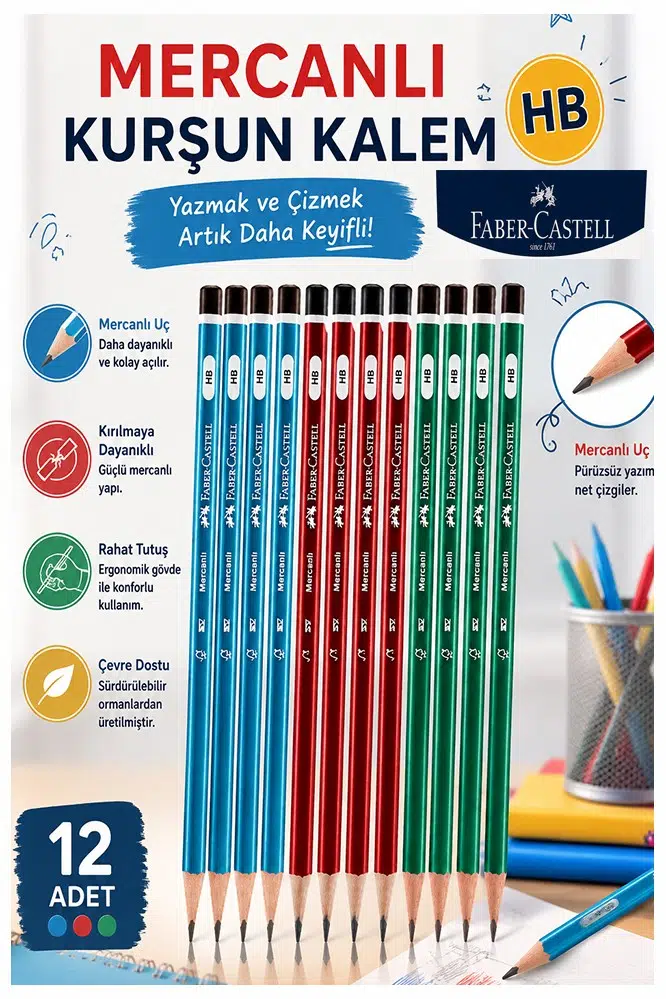 Siyah Kurşun Kalem Mercanlı 12 Adet Faber Castell Mercanlı Kurşun Tahta Kalem HB Orta Dereceli Öğrenci Kalemi Okul