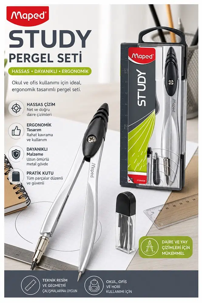 Siyah Metal Pergel 1 Adet Maped 119450 Pergel Seti Teknik Çizim Matematik Geometri Pergel Yedek Uçlu