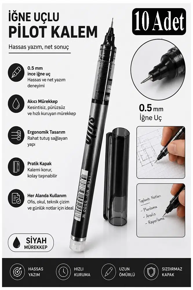 Siyah Pilot Kalem İğne Uçlu 10 Adet Stilo Pilot Kalem 0.5mm İnce Uçlu Pilot Kalem Likit Mürekkepli Pilot Kalem