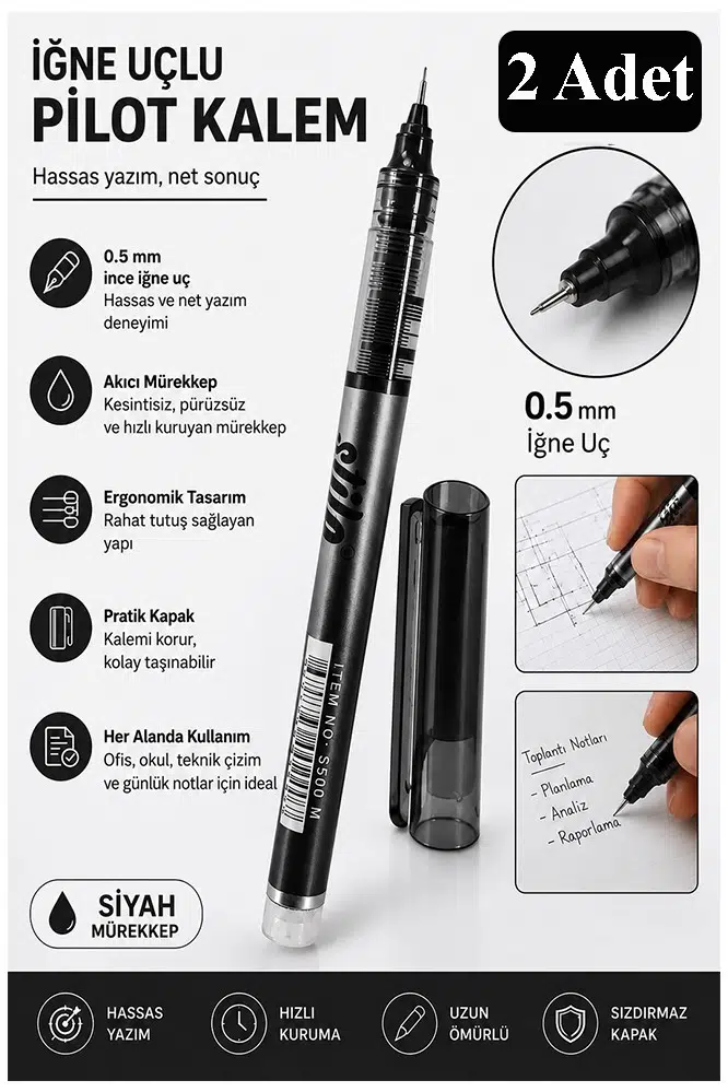 Siyah Pilot Kalem İğne Uçlu 2 Adet Stilo Pilot Kalem 0.5mm İnce Uçlu Pilot Kalem Likit Mürekkepli Pilot Kalem