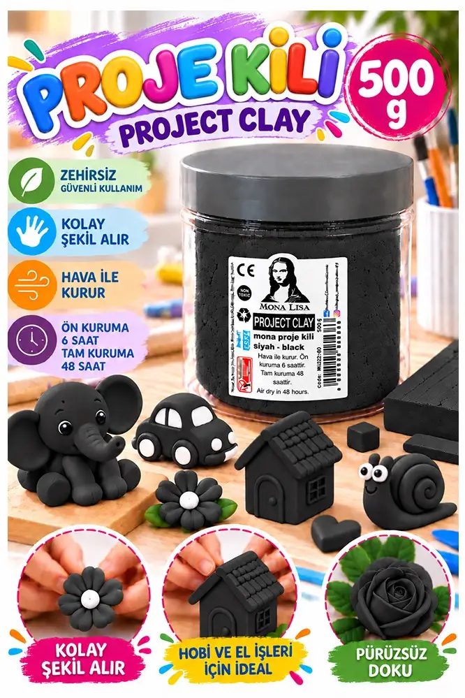 Siyah Proje Kili 500gr 1 Adet Monalisa Renkli Proje Hamuru Hobi Heykel Seramik Modelleme Hava İle Kuruyan