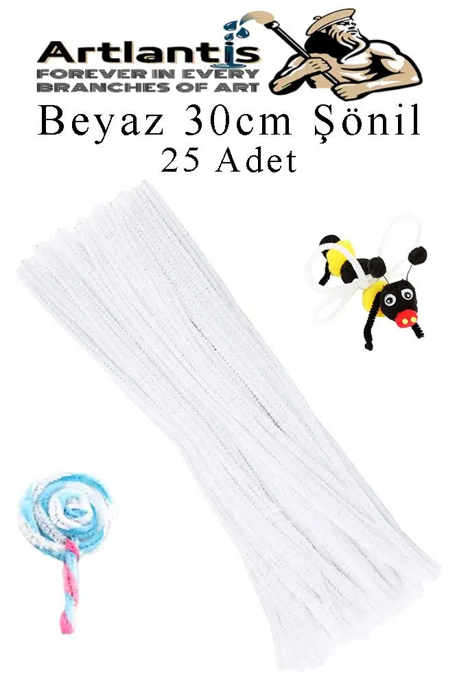 Şönil 30 cm 25 li 1 Paket Renkli Tüylü Tel Okul Öncesi Anasınıfı Kreş Hobi Eğitici Şönil Pipo Temizleyici Tüylü Tel - Beyaz