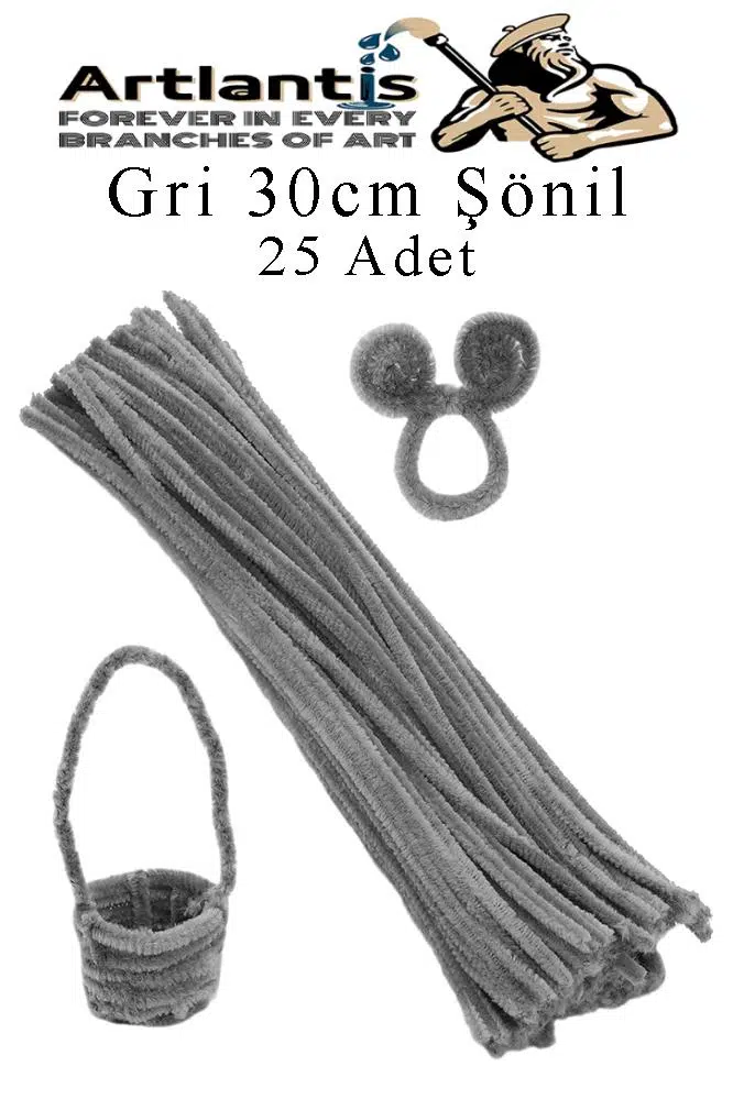 Şönil 30 cm 25 li 1 Paket Renkli Tüylü Tel Okul Öncesi Anasınıfı Kreş Hobi Eğitici Şönil Pipo Temizleyici Tüylü Tel - Gri