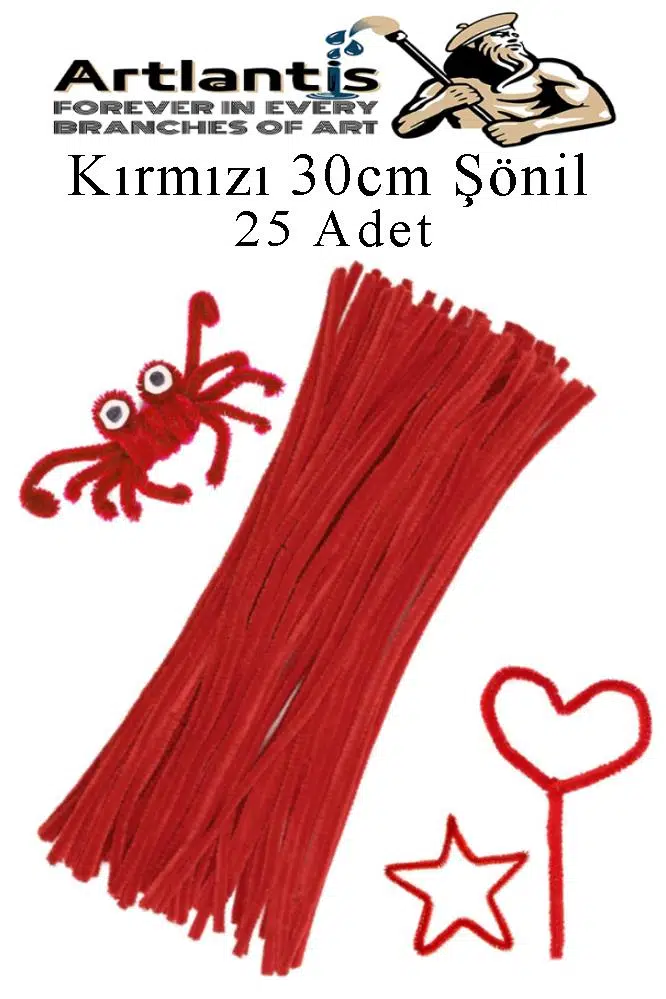 Şönil 30 cm 25 li 1 Paket Renkli Tüylü Tel Okul Öncesi Anasınıfı Kreş Hobi Eğitici Şönil Pipo Temizleyici Tüylü Tel - Kırmızı