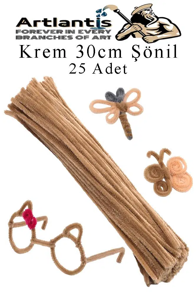 Şönil 30 cm 25 li 1 Paket Renkli Tüylü Tel Okul Öncesi Anasınıfı Kreş Hobi Eğitici Şönil Pipo Temizleyici Tüylü Tel - Krem