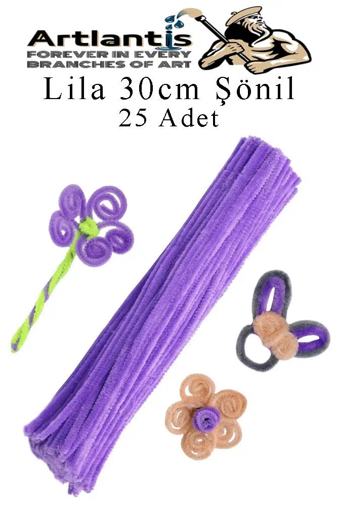 Şönil 30 cm 25 li 1 Paket Renkli Tüylü Tel Okul Öncesi Anasınıfı Kreş Hobi Eğitici Şönil Pipo Temizleyici Tüylü Tel - Lila