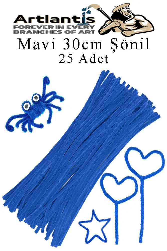 Şönil 30 cm 25 li 1 Paket Renkli Tüylü Tel Okul Öncesi Anasınıfı Kreş Hobi Eğitici Şönil Pipo Temizleyici Tüylü Tel - Mavi