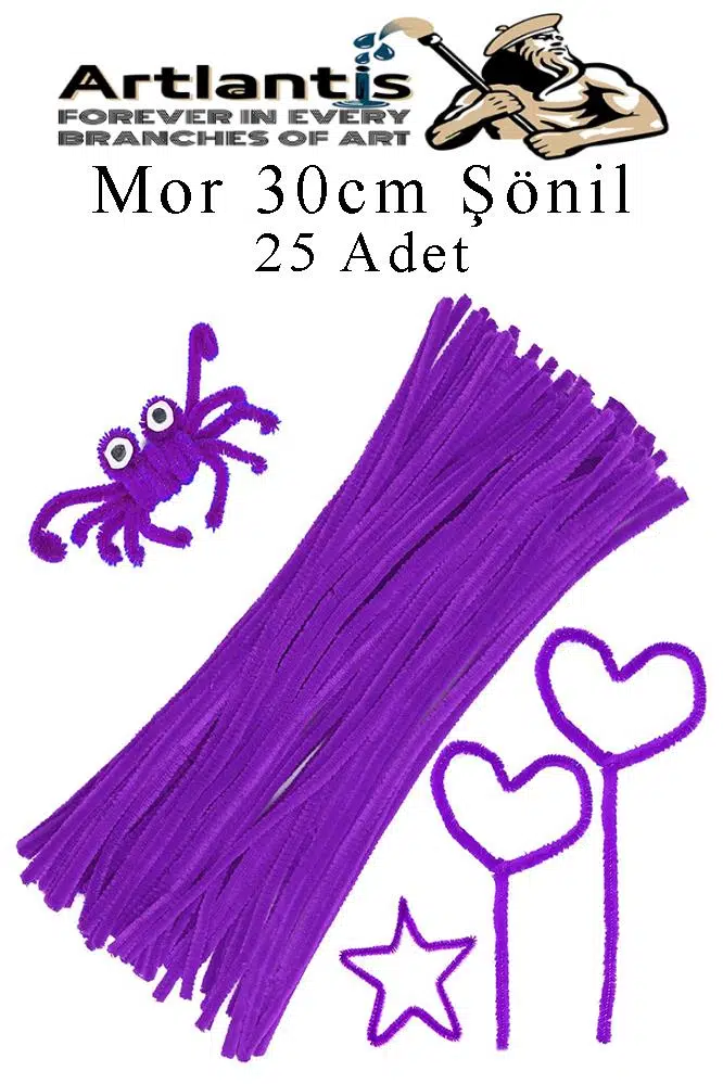 Şönil 30 cm 25 li 1 Paket Renkli Tüylü Tel Okul Öncesi Anasınıfı Kreş Hobi Eğitici Şönil Pipo Temizleyici Tüylü Tel - Mor