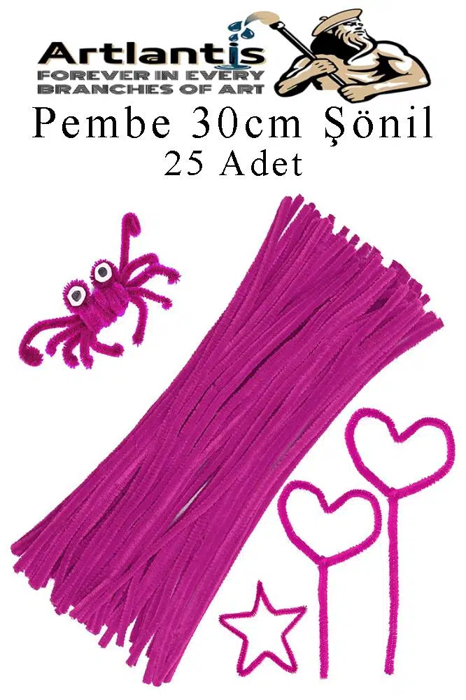 Şönil 30 cm 25 li 1 Paket Renkli Tüylü Tel Okul Öncesi Anasınıfı Kreş Hobi Eğitici Şönil Pipo Temizleyici Tüylü Tel - Pembe