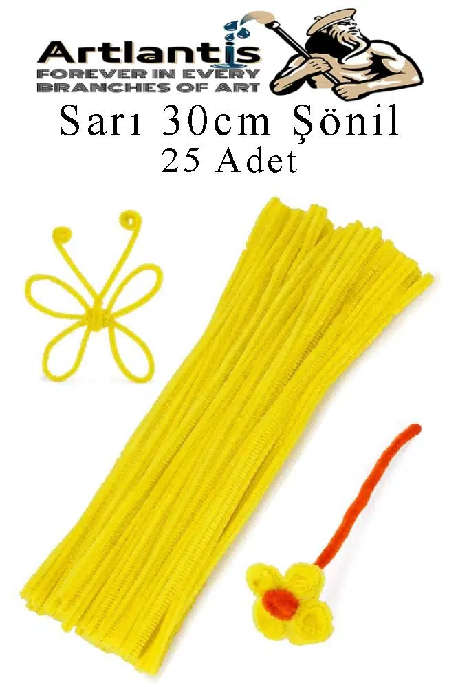 Şönil 30 cm 25 li 1 Paket Renkli Tüylü Tel Okul Öncesi Anasınıfı Kreş Hobi Eğitici Şönil Pipo Temizleyici Tüylü Tel - Sarı