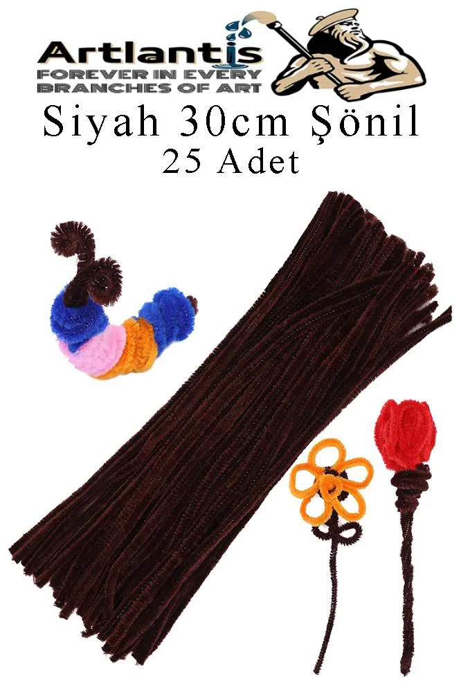 Şönil 30 cm 25 li 1 Paket Renkli Tüylü Tel Okul Öncesi Anasınıfı Kreş Hobi Eğitici Şönil Pipo Temizleyici Tüylü Tel - Siyah