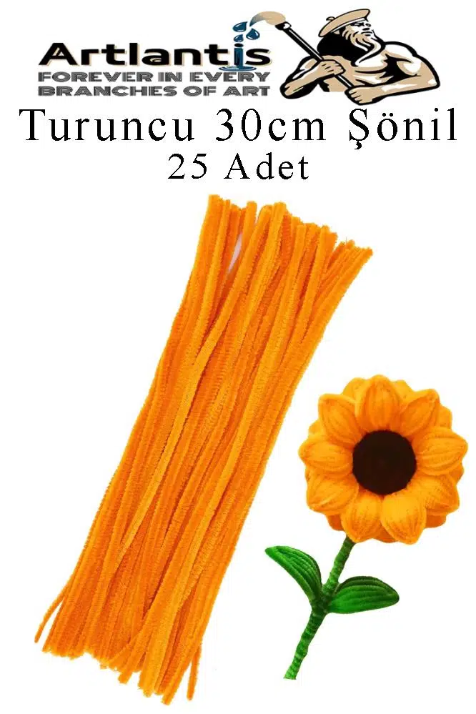 Şönil 30 cm 25 li 1 Paket Renkli Tüylü Tel Okul Öncesi Anasınıfı Kreş Hobi Eğitici Şönil Pipo Temizleyici Tüylü Tel - Turuncu