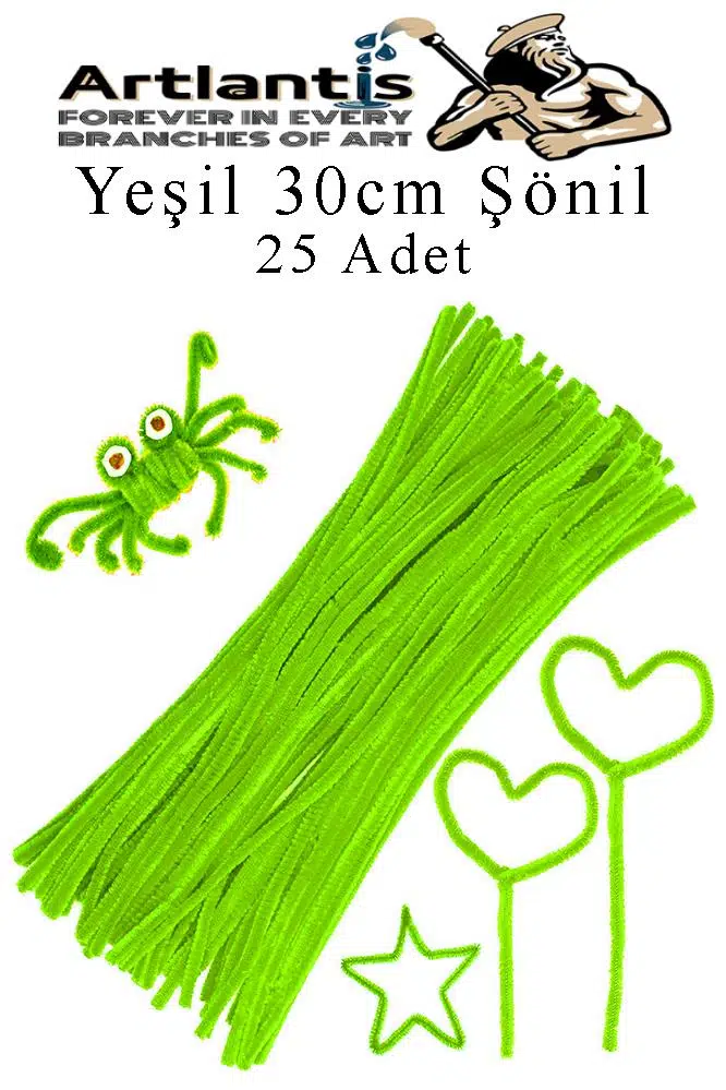 Şönil 30 cm 25 li 1 Paket Renkli Tüylü Tel Okul Öncesi Anasınıfı Kreş Hobi Eğitici Şönil Pipo Temizleyici Tüylü Tel - Yeşil