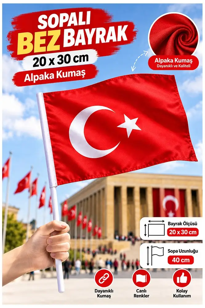 Sopalı Bez Bayrak 20x30 Cm 1 Adet Saplı Bayrak Ay Yıldız Plastik Çıtalı 20*30 Bez Bayrak Mill Bayram Kutlama