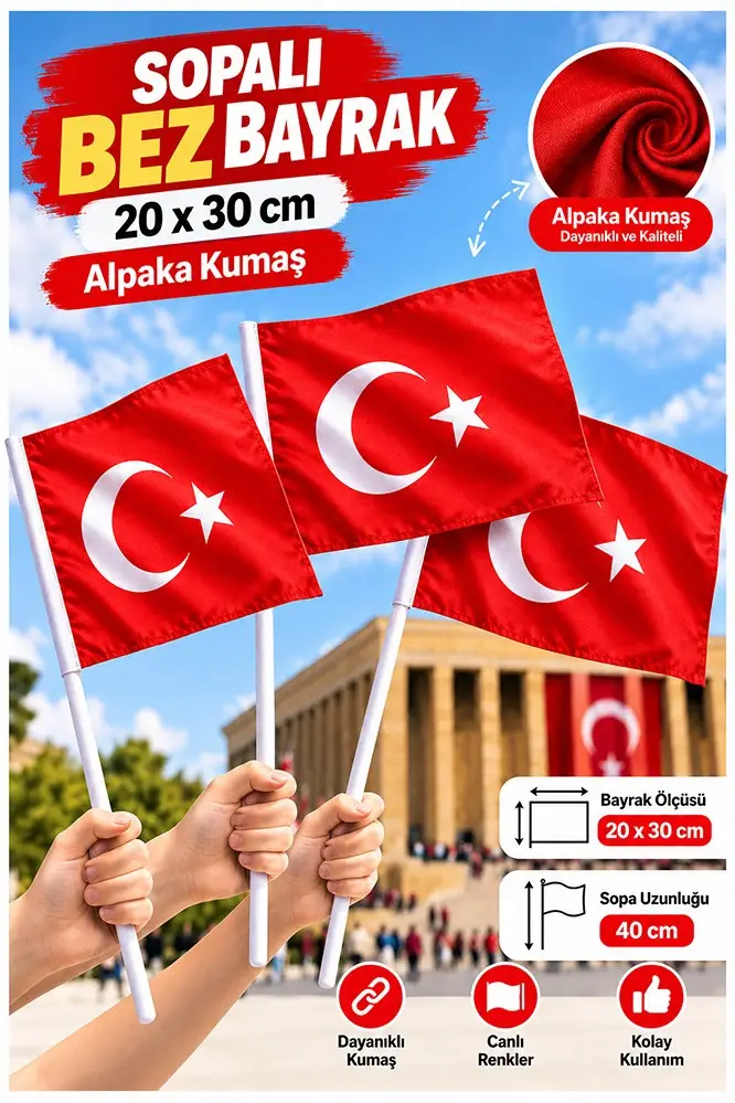 Sopalı Bez Bayrak 20x30 Cm 3 Adet Saplı Bayrak Ay Yıldız Plastik Çıtalı 20*30 Bez Bayrak Mill Bayram Kutlama