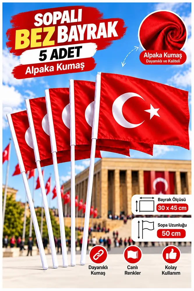 Sopalı Bez Bayrak 30x45 Cm 5 Adet Saplı Bayrak Ay Yıldız Plastik Çıtalı 30x45 Bez Bayrak Mill Bayram Kutlama