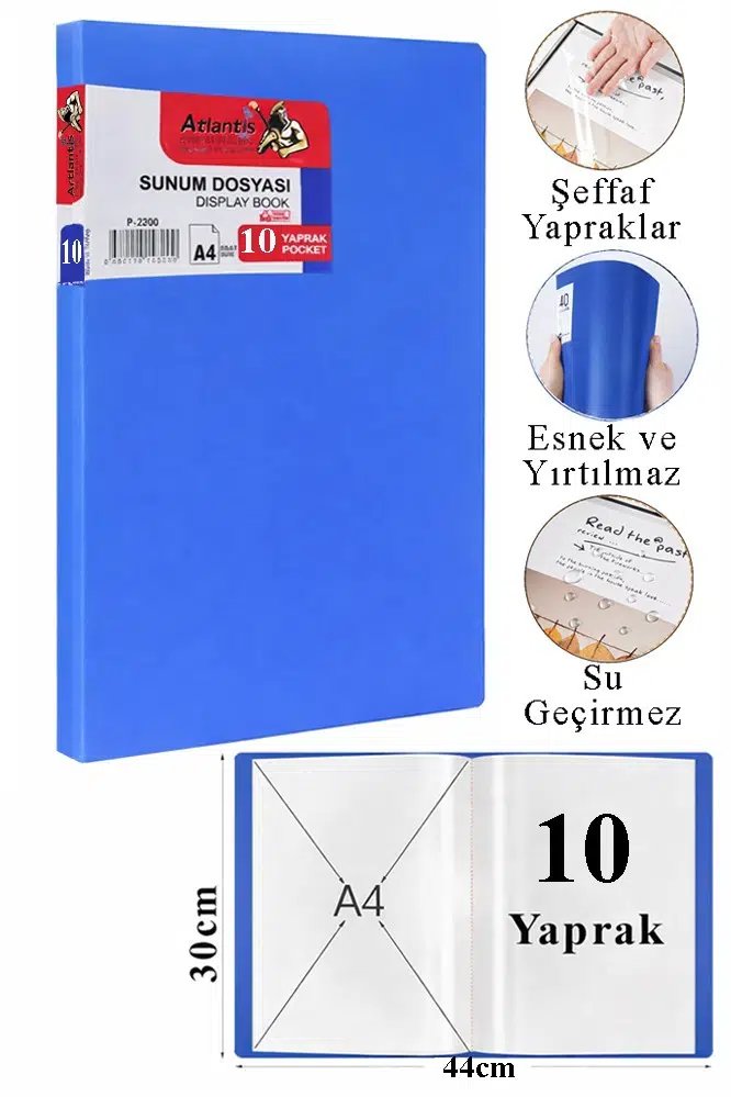 Sunum Dosyası 10 lu 1 Paket Poşet Dosyalı Katalog Dosyası 10 Poşetli Kendinden Dosya Plastik Kapaklı - Mavi
