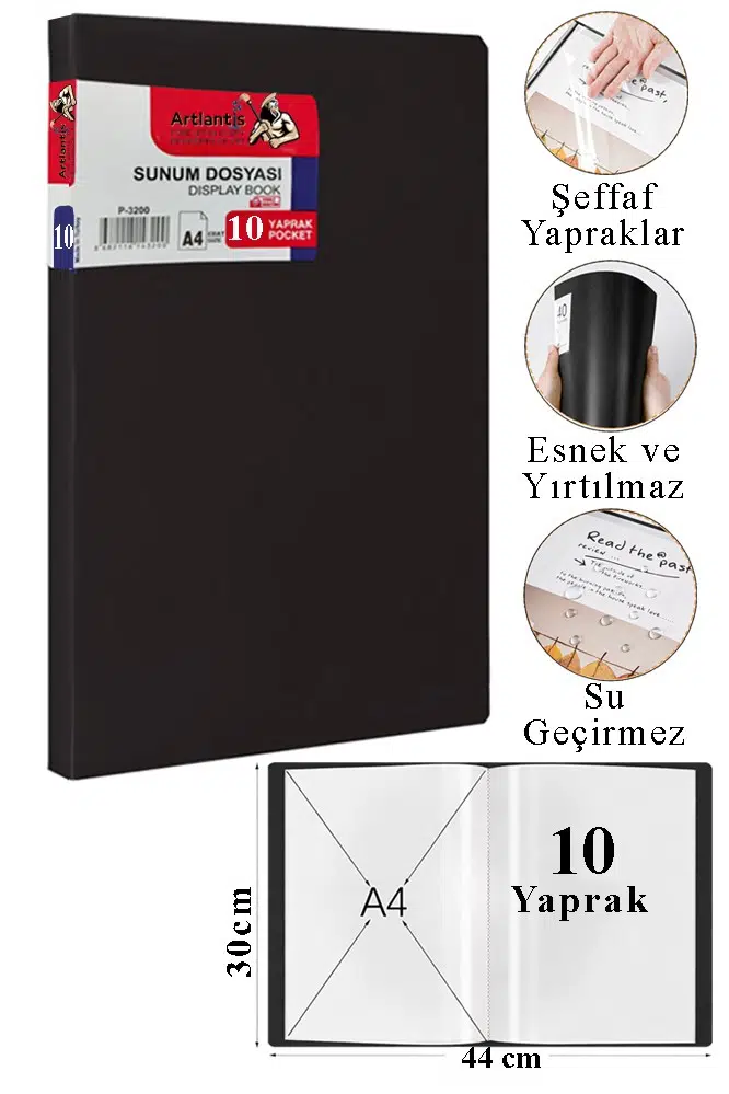 Sunum Dosyası 10 lu 1 Paket Poşet Dosyalı Katalog Dosyası 10 Poşetli Kendinden Dosya Plastik Kapaklı - Siyah