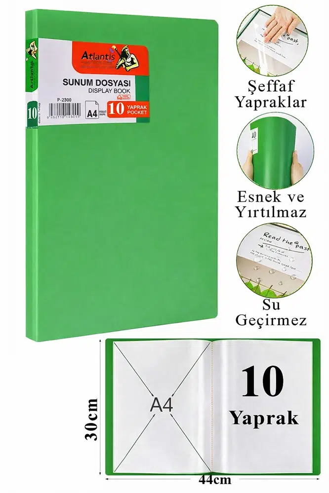 Sunum Dosyası 10 lu 1 Paket Poşet Dosyalı Katalog Dosyası 10 Poşetli Kendinden Dosya Plastik Kapaklı - Yeşil