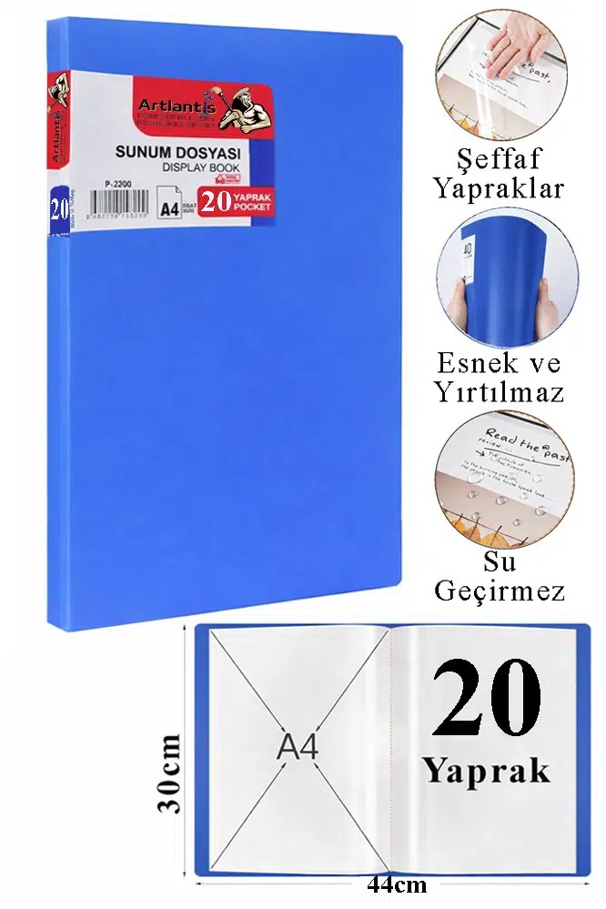Sunum Dosyası 20 li 1 Paket Poşet Dosyalı Katalog Dosyası 20 Poşetli Kendinden Dosya Plastik Kapaklı - Mavi