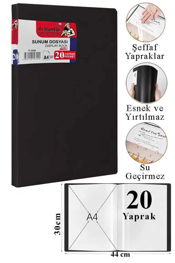 Sunum Dosyası 20 li 1 Paket Poşet Dosyalı Katalog Dosyası 20 Poşetli Kendinden Dosya Plastik Kapaklı - Siyah