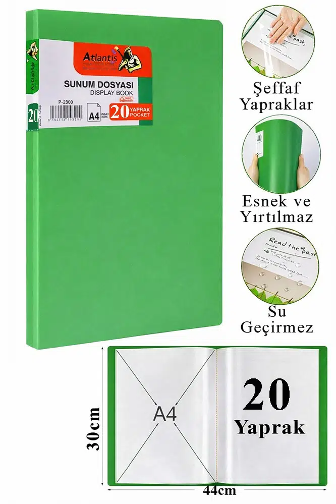 Sunum Dosyası 20 li 1 Paket Poşet Dosyalı Katalog Dosyası 20 Poşetli Kendinden Dosya Plastik Kapaklı - Yeşil