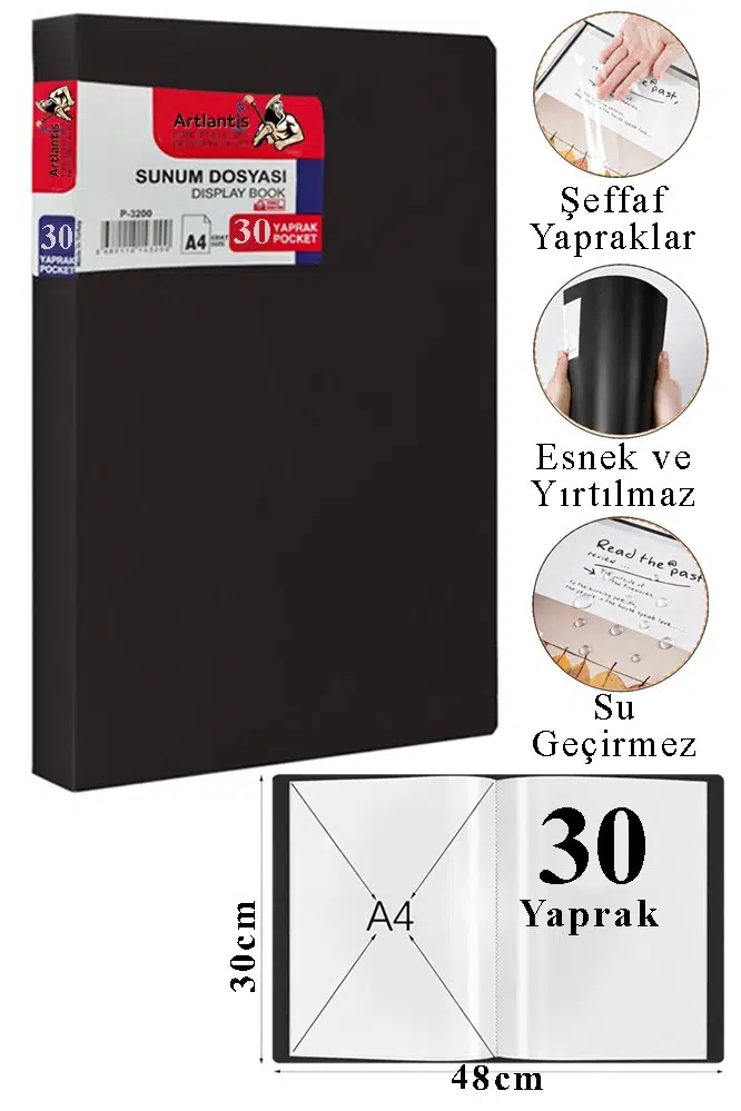 Sunum Dosyası 30 lu 1 Paket Poşet Dosyalı Katalog Dosyası 30 Poşetli Kendinden Dosya Plastik Kapaklı - Siyah