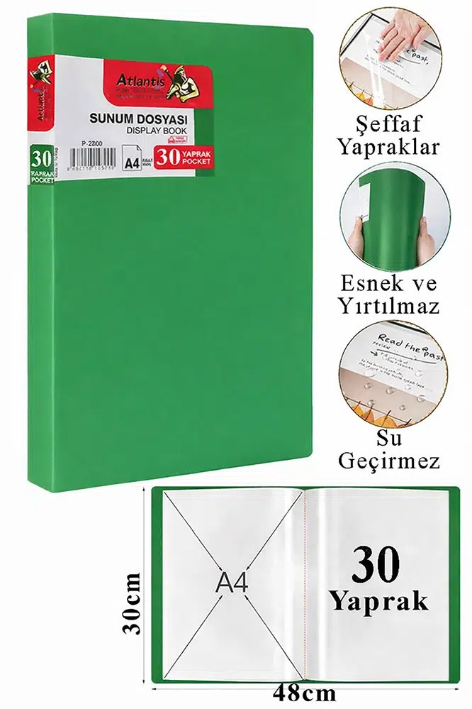 Sunum Dosyası 30 lu 1 Paket Poşet Dosyalı Katalog Dosyası 30 Poşetli Kendinden Dosya Plastik Kapaklı - Yeşil