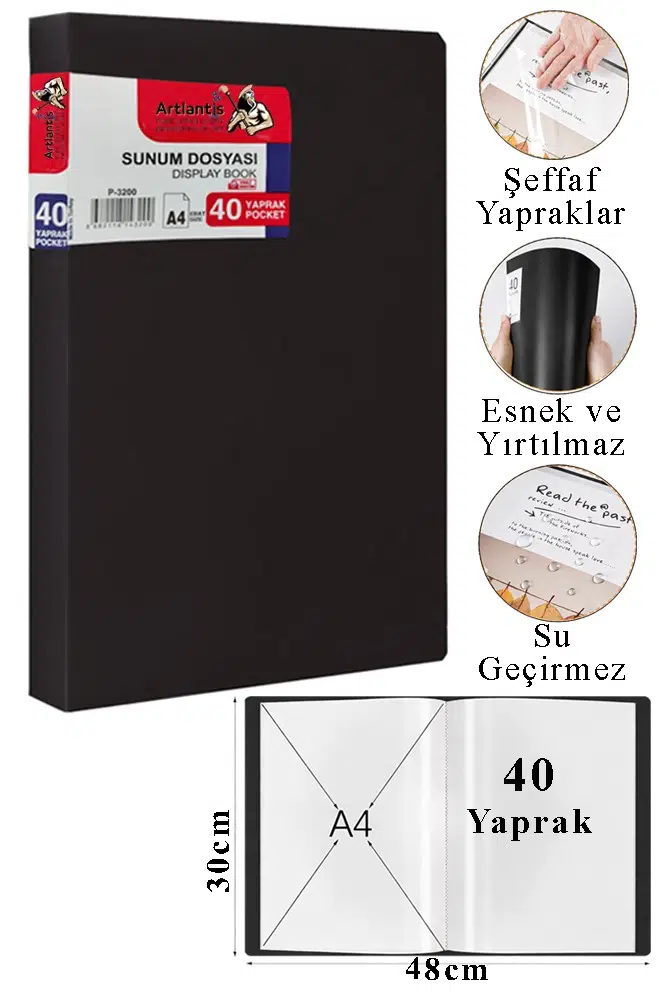 Sunum Dosyası 40 lı 1 Paket Poşet Dosyalı Katalog Dosyası 40 Poşetli Kendinden Dosya Plastik Kapaklı - Siyah