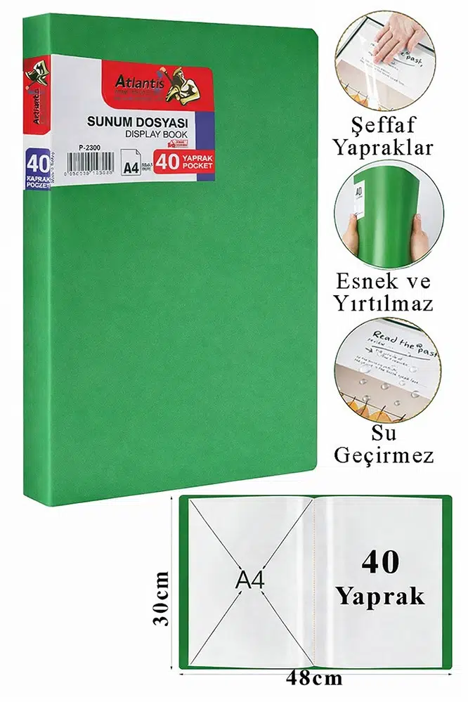 Sunum Dosyası 40 lı 1 Paket Poşet Dosyalı Katalog Dosyası 40 Poşetli Kendinden Dosya Plastik Kapaklı - Yeşil