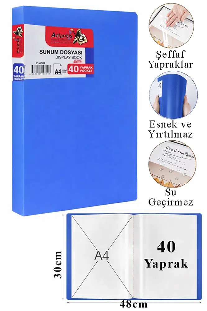 Sunum Dosyası 60 lı 1 Paket Poşet Dosyalı Katalog Dosyası 60 Poşetli Kendinden Dosya Plastik Kapaklı - Mavi