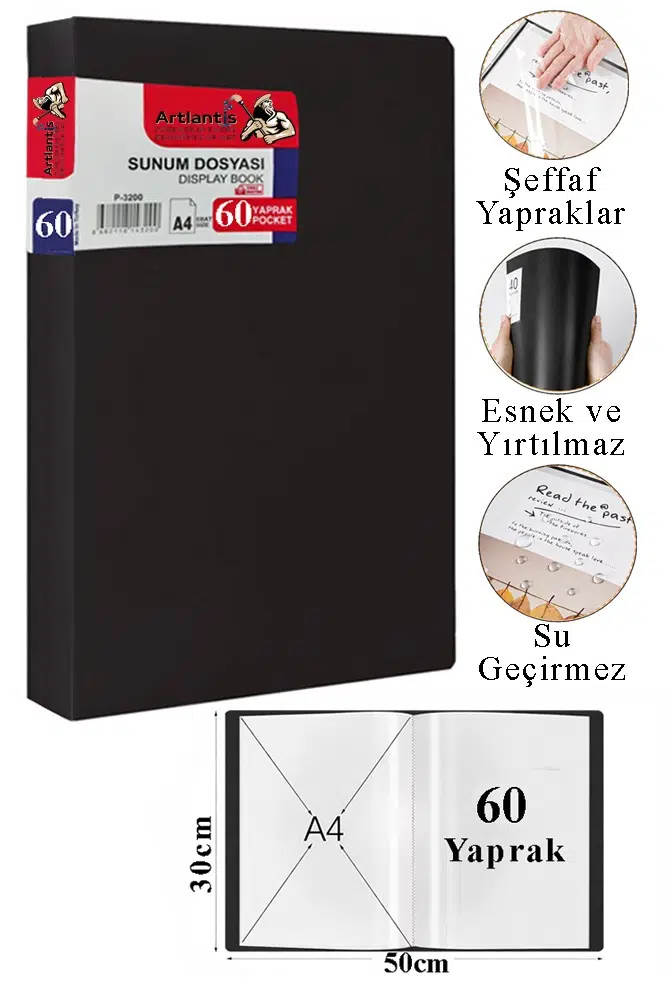 Sunum Dosyası 80 li 1 Paket Poşet Dosyalı Katalog Dosyası 80 Poşetli Kendinden Dosya Plastik Kapaklı - Siyah
